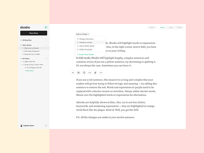 Shosho — Add to Folder add to folder editing editing tool editor folders medium medium article saas sidebar sidebar design sidebar menu sidebar navigation stories text editor toolbar write writer writing writing app writing tool