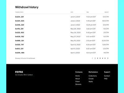 remx pagination dashboard design digital wearables pagination reporting table typography ui web3 withdrawl