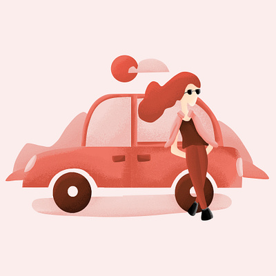 Woman and car car design flat girl illustration minimal pink red woman