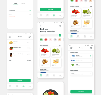 Grocery shopping app groceries grocery app grocery list grocery online grocery store mobile app mobile app design mobile apps mobile shopping navbar navigation bar online shopping online store payment method product catalog product list product page search shopping app shopping cart