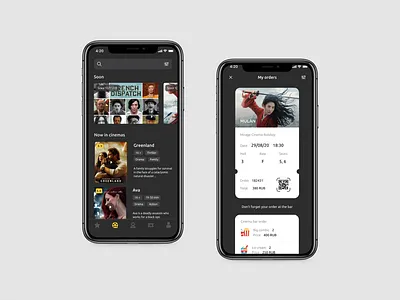 Movie Tickets App booking app cinema dark mode dark theme ios app ios app design mobile movie app movie tickets tickets