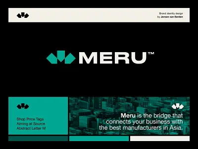 Meru - Logo Design 🚢 arrow asia bold container digital market logo logo design m market meru monogram negative space logo price tag ship shipment shipping shop tag