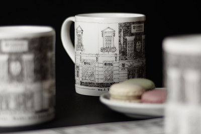 An anniversary mug design for Cambridge University Press Booksho behance project blackandwhite cambridge design drawing illustration mug design pen and ink print