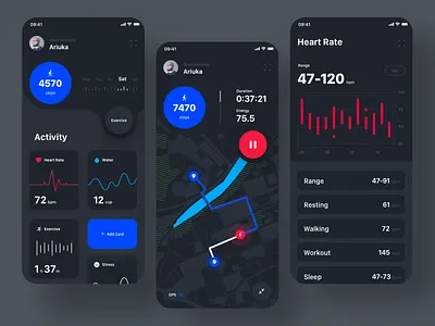 Health Track app V2 (Dark version) app application clean ui dark app dark mode dark ui design flat health app health tracker inspiration layout layout exploration minimal mobile design ui user experience user interface ux