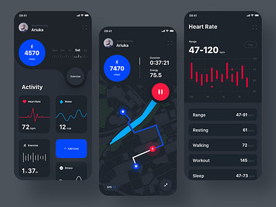 Health Track app V2 (Dark version) app application clean ui dark app dark mode dark ui design flat health app health tracker inspiration layout layout exploration minimal mobile design ui user experience user interface ux