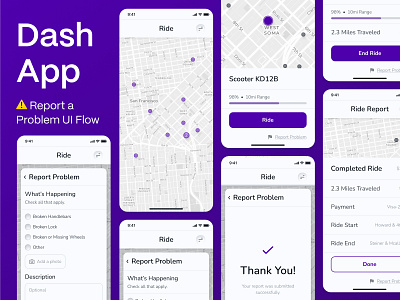 Scooter Share App / Report a Problem Flow designsystem mobile mockups problem ui ux wireframe