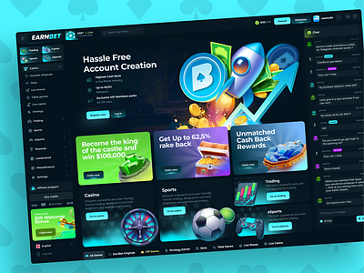 EarnBet Home page blockchain bet case bet casino casino branding casino home page casino online casino platform casino ui casino ui ux crash bet defi casino gambling gambling app game casino live casino poker probably fair slot design web casino web3 gaming