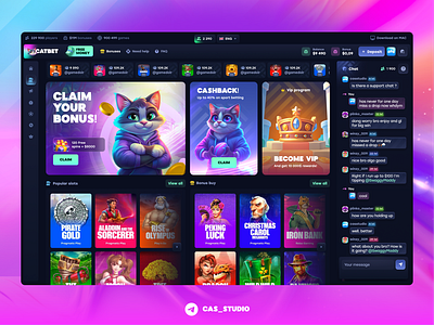 CatBet Home page bets betting dashboard bright casino casino app casino dark mode casino development casino home page casino landing page casino website crypto casino gambling design igaming design live casino design money games poker online poker website slot game ui slots ui sporbook vip gambling