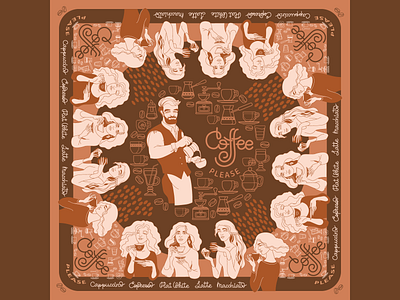 Bandana pattern. Coffee, please. bandana barista cappuccino character coffee coffee lover cup of coffee design drawing espresso face girl illustration people scarf scarf pattern vector woman