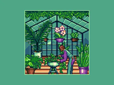 Pixel Greenhouse 16bit 8bit architecture cactus enviroment ficus flowers game art game design gaming green greenhouse illustration orchids palm pixel art pixelart plants