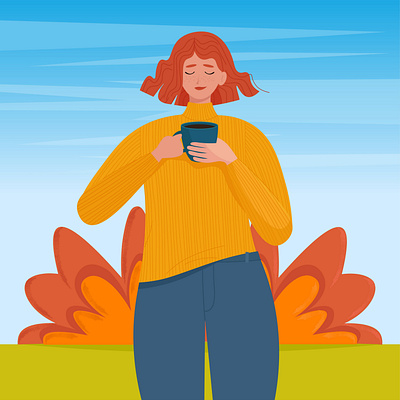 Beautiful woman with coffee cup in her hands in autumn autumn autumn enjoy background beautiful bright coffee coffeetime colorful cute design fall female girl illustration sky vector warm cloth woman woman illustration yellow