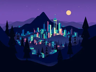 Mountain City buildings city color illustration landscape night vector