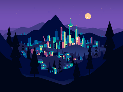 Mountain City buildings city color illustration landscape night vector