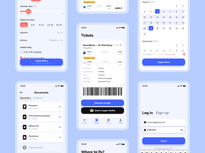 Flight booking | Mobile app airplane app avia baggage calendar documents filters flight flight search icons log in mobile profile tickets