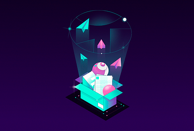 Isometric box with documents 3d bottle box branding character design document file geometrical gradient grid isometric isometry motion graphics paperplane planet robot space spaceship ui