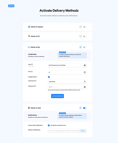 Delivery Methods admin aspera delivery delivery method ftp s3 ui uiux website