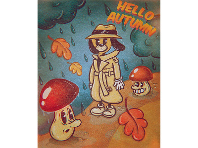 Hello Autumn 1930 1930s autumn cartoon cartoon character cartoon illustration cartoons character character design dog flat flat illustration halftone illustration illustration art lowbrow lowbrow art lowbrowart mushrooms retro