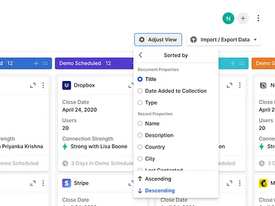 Adjust View adjustment back button collections configure crm export import kanban board page push popover settings sorting ui ux view