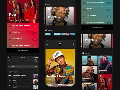Music app application design background card cards design dark dark app dark mode list mobile mobile app mobile app design mobile ui mobile uiux mobile ux music music player navigation profile tags