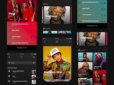 Music app application design background card cards design dark dark app dark mode list mobile mobile app mobile app design mobile ui mobile uiux mobile ux music music player navigation profile tags