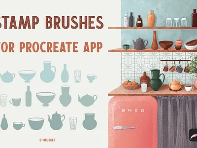 Kitchen Stamp Brushes for Procreate bottls bowls brush brush lettering brushes cups design glasses pitchers procreate procreate brush procreate kitchen procreate stamp procreate stamps stamp stamp brush stamp design stamps teapots texture