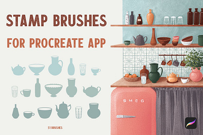 Kitchen Stamp Brushes for Procreate bottls bowls brush brush lettering brushes cups design glasses pitchers procreate procreate brush procreate kitchen procreate stamp procreate stamps stamp stamp brush stamp design stamps teapots texture