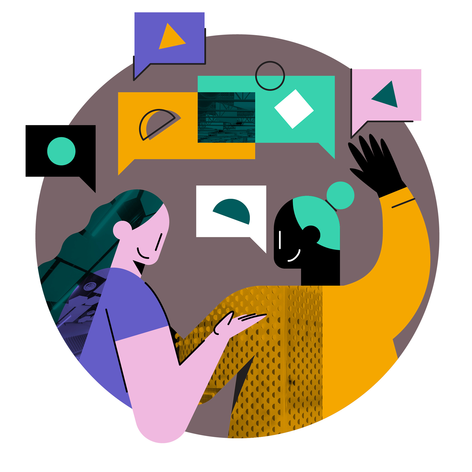 Advisory Services Illustration abstract brand branding circles conversation design editorial flat geometric illustration minimal modern people person shapes square texture together triangle vector