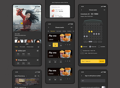 Movie Tickets App booking app cinema dark mode dark theme ios ios app movie app movie tickets seats snacks