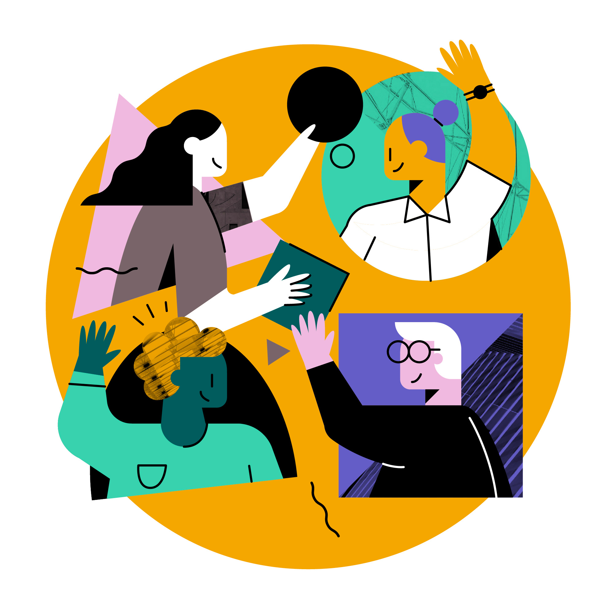 Team Illustration abstract circles flat geometric head illustration people person portrait shapes team teamwork texture together ui vector