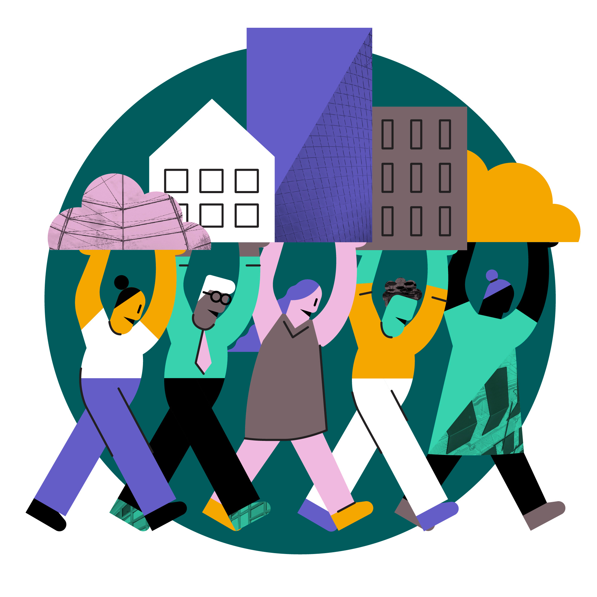 Community Illustration abstract building buildings community flat geometric house illustration monoline people shapes texture together vector