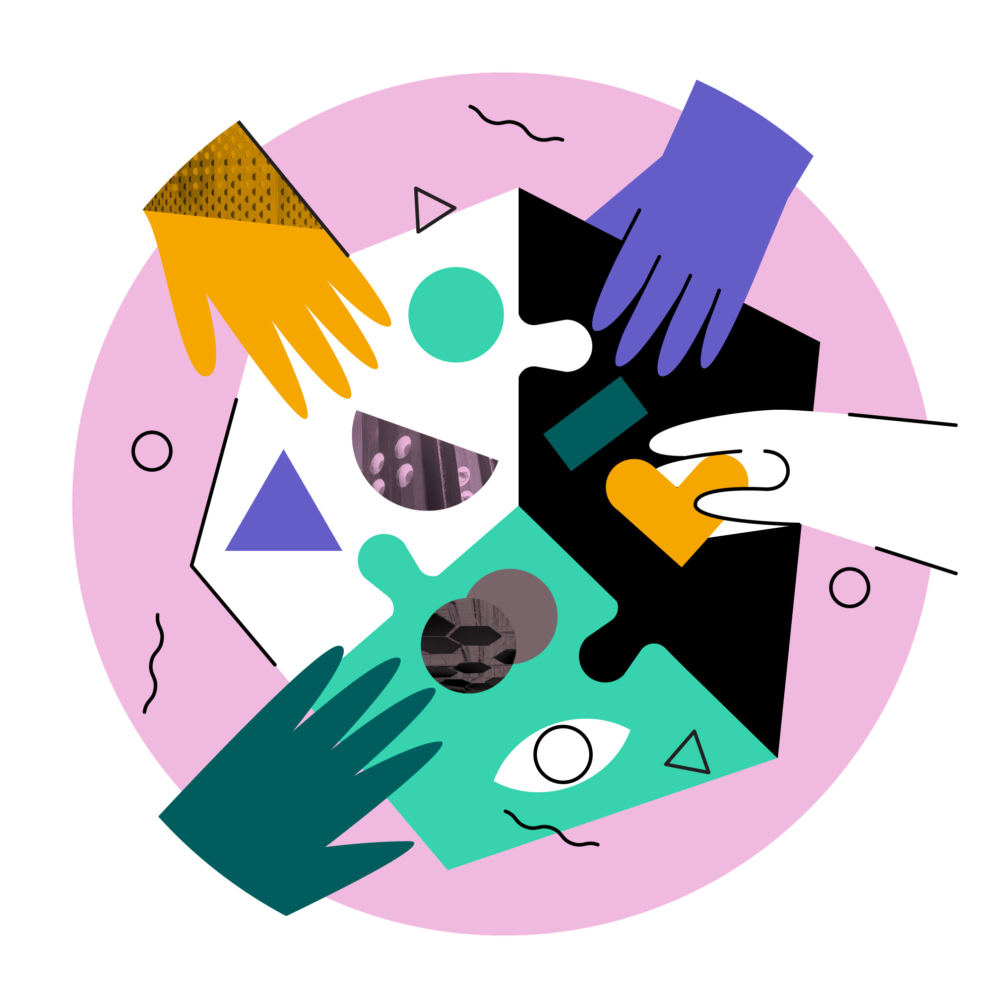 Mission, Vision & Values (MVV) Illustration circle flat geometric hands icon illustration mvv pattern people puzzle shapes texture together triangle ui vector
