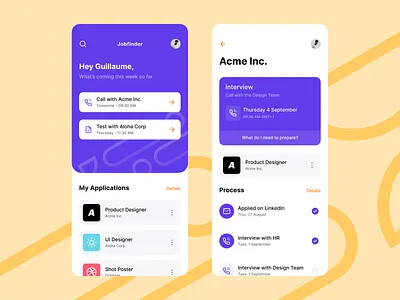 Job Finder App app application apply call concept design finder interview iphone job purple ui ux