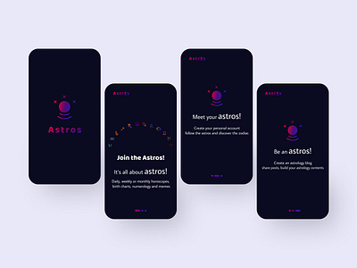 Astros App Dark Onboarding astrology astros dark dark ui mobile onboarding social media ui ux zodiac