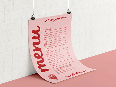 Happy Day Waffles Menu branding branding design cafeteria coffee branding design menu menu design pink print quirky red restaurant branding waffle