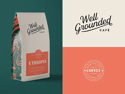 Branding & Packaging for Well Grounded Cafe badge badges branding cafe circle coffee coffee bag design icon illustration logo packaging texture typography