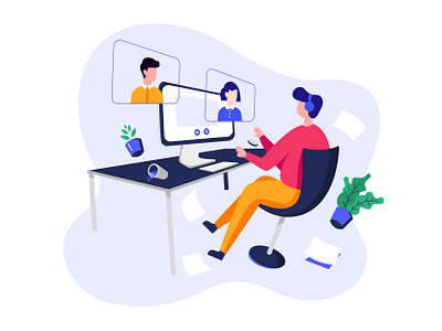 Video Conference branding character flat header illustration meeting pose ui ux vector video website