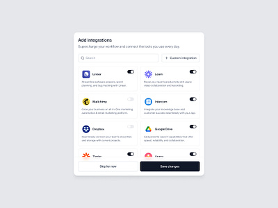 Integrations modal — Untitled UI card clean ui design system figma integrations menu minimal minimalism modal modals pop up popover popup preferences product design settings simple ui design user interface