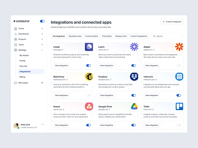 Integrations settings — Untitled UI admin cards clean ui dashboard figma integrations minimal minimalism navigation preferences product design saas settings sidenav tabs toggle ui design user interface ux design web design