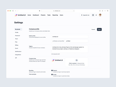 Company profile settings — Untitled UI admin dashboard figma form form layout forms input minimal minimalism nav navigation preferences product design profile settings simple tabs ui design user interface ux design