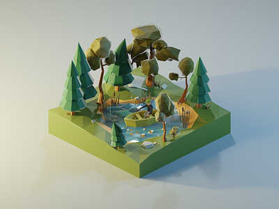 Fisherman's Pond 3d 3denvironment 3dillustration 3dmodeling blender3d blender3dart diorama fisherman illustration isometric low poly lowpoly lowpolyart nature pond renders
