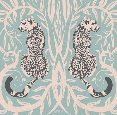 Two Cheetahs is Better Than One animal beige blue cat cheetah contemporary cream floral flower graphic pattern print safari textile print vector vine wildlife