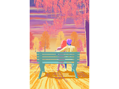 Fall Couple autumn bright colors couple creative director digital art digital illustration editorial art eric sylvester fall fall colors illustration landscape leaves lgbtqia loveislove park pastel pop art sunrise sunset