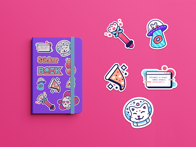Sticker book alien book cover cat code illustration magical notebook notebook design pizza sticker sticker design vector