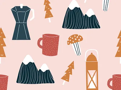 Cutesy camping pattern adventures ai blue children coffee cup gold illustration kids lantern mountains mushroom mushrooms nature nature art outdoors parks pink red trees