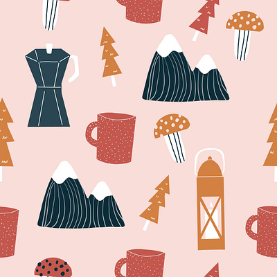 Cutesy camping pattern adventures ai blue children coffee cup gold illustration kids lantern mountains mushroom mushrooms nature nature art outdoors parks pink red trees