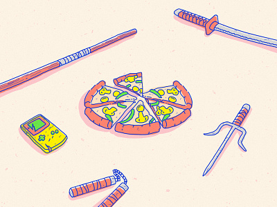 It's pizza time! blue color coral design digital gameboy green illustration illustrator pencil photoshop pizza pop shapes turtles turtles ninjas vectors wacom weapons yellow