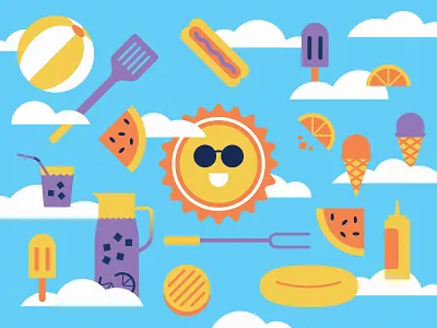 🍉🌭🥤☁️🌞☁️🍊🍔🍦 burger happy hot dog ice cream illustration labor day sun watermelon