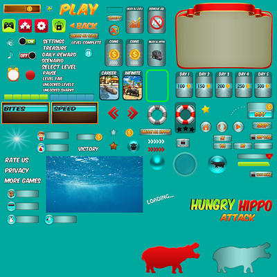 Hungry Hippo Attack action game game art game asset game graphic game graphics game gui game hud gui render screenshot sea game gui sea gui shark game gui