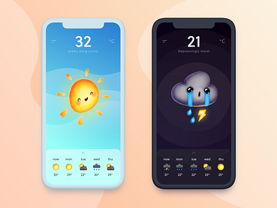 Weather App Concept app art brush cartoon character cloud concept custom cute forecast happy icon illustration logo sad sun typography ui ux weather