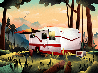 Cosy Summer Evening adobe illustrator affinity designer bright color combinations cosy summer evening flat illustration forest mobile tablet illustrations nature sunset texture grain trailer vector illustration vectorart